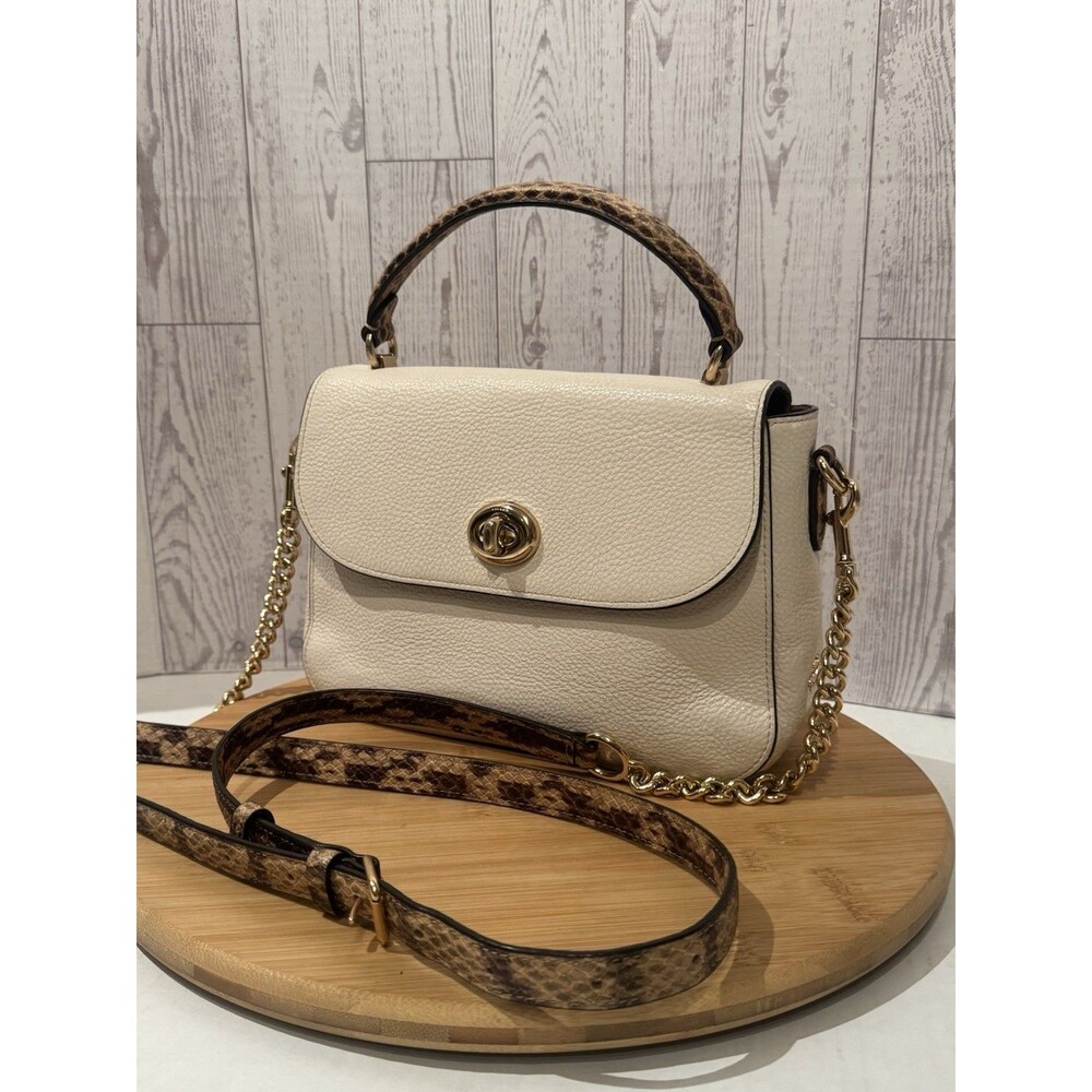 Coach Marlie Top Handle Satchel Purse Pebbled Chal Cream Leather Snakeskin